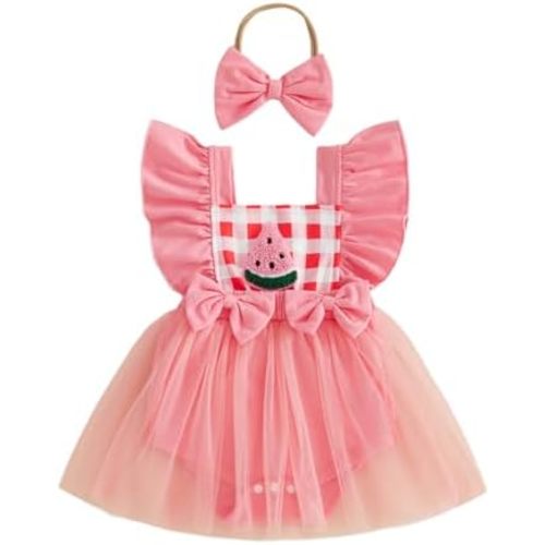 Newborn Baby Girl Clothes Flying Sleeve Romper Dress Onesie Plaid Bodysuit with Headband Cute Infant Summer Outfit