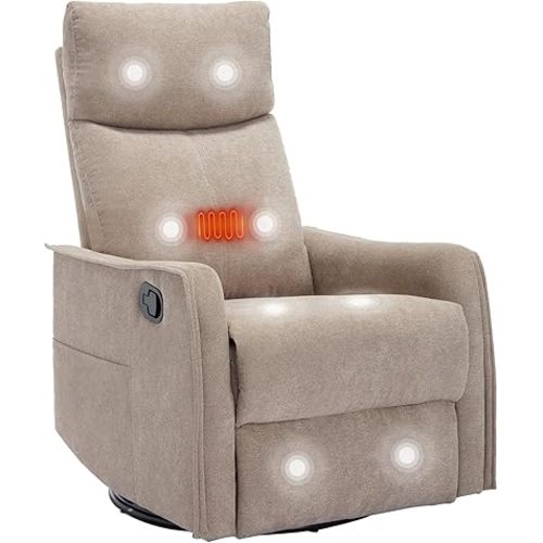 PELUMY Heat Massage Recliner Chair with Rocker and Swivel - Manual Recliner, Lumbar Heat, 8 Vibration Points, Fabric for Living Room, Bedroom(Khaki)