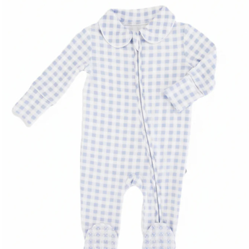 Peter Pan Collar Zipper Footie | Dusty Blue Gingham