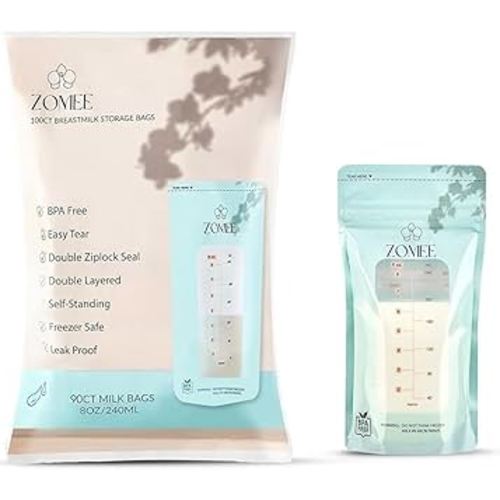 Zomee Breast Milk Storage Bags 8oz – Leakproof Double-Zip Seal, Self-Standing, Easy-Pour Design, Freezer Safe, Pre-Sterilized, BPA & Phthalate Free – Bulk Pack of 90