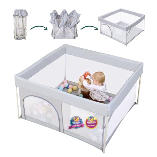 BABELIO Foldable Baby Playpen 46" × 46", Portable Playard for Babies and Toddlers, Parents' Picks Awards Winner, No Assembly Required, Indoor & Outdoor Kids Safety Play Pen Area, Travel Fence, Grey