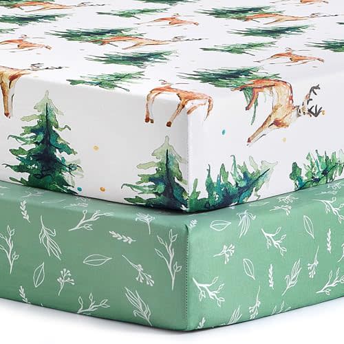 Pack n Play Sheets, BROLEX 2 Pack Mini Crib Sheets,Stretchy Portable Fitted Playard Sheet Set, Convertible Playard Mattress Cover,Ultra Soft Breathable Material,Sika Deer & Foliage