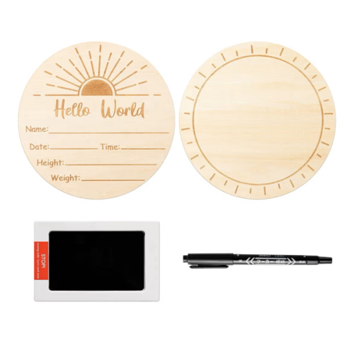 Baby Birth Announcement Sign with Marker Pen, Boho Sun Baby Name Sign with Ink Pad for Hand and Footprints, Wooden Hello World Newborn Announcement Nursery Decor Keepsake Gifts