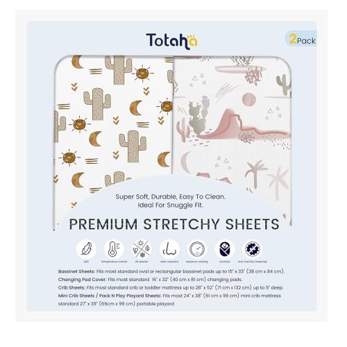 TotAha Cactus Pack N Play Sheets, Premium Stretch Fitted Portable Mini Cribs Playards Sheets, Ultra Soft Breathable Jersey Knit Mini Crib Sheet, 2 Pack