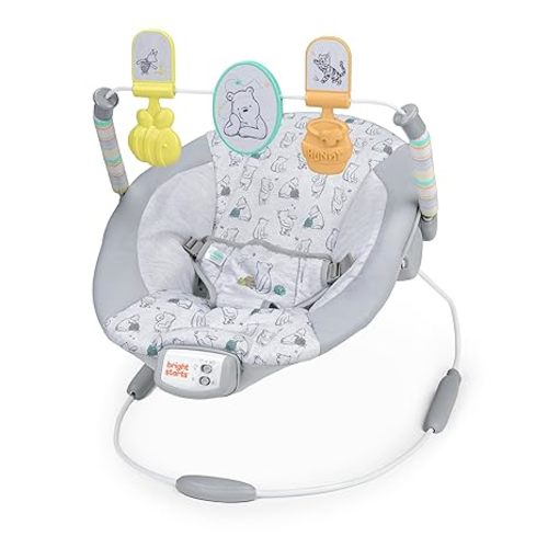 Bright Starts Disney Baby Winnie The Pooh Baby Bouncer Soothing Vibrations Deluxe Infant Seat - Faux Suede, Music, Removable -Toy Bar, 0-6 Months 6-20 lbs (Dots & Hunny Pots)