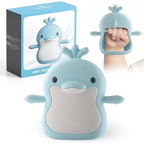 Baby Teething Toys for 3-6 Months Silicone Teething Mittens for Babies Food Grade Silicone Teether (Dolphin Ocean Blue)