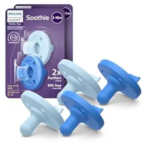Philips Avent Soothie Baby Pacifiers - 100% Silicone Pacifiers for Babies 3-18 Months, One-piece Design, BPA-Free, Extra Durable, Sky Blue and Light Blue, 4 Pack, Model SCF192/71