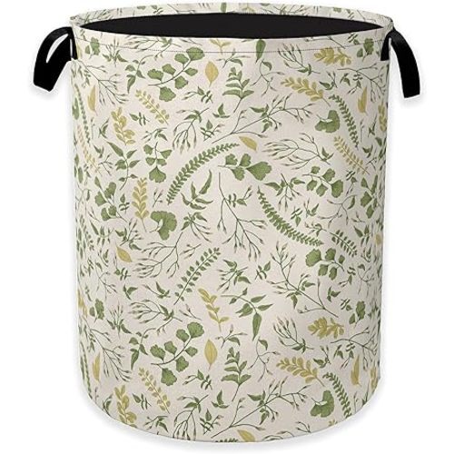Green Herb Leaves Laundry Hamper,Rustic Wildflower Collapsible Laundry Baskets,Waterproof Oxford Cloth Laundry Room Organization for Bedroom,Bathroom,Nursery,16x20 Inch