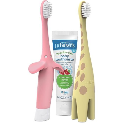 Variety Pack: Dr. Brown's Infant to Toddler Giraffe and Pink Elephant Toothbrushes with Baby Toothpaste, Strawberry 1.4oz