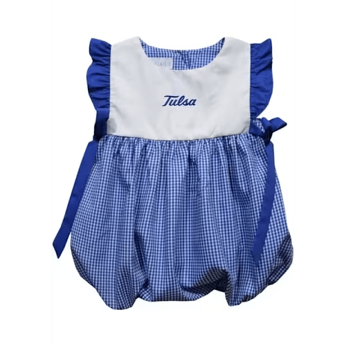 Vive La Fete Tulsa Golden Hurricane Baby Girls ROYAL Gingham Bubble Short Sleeve Dress - 78901144
