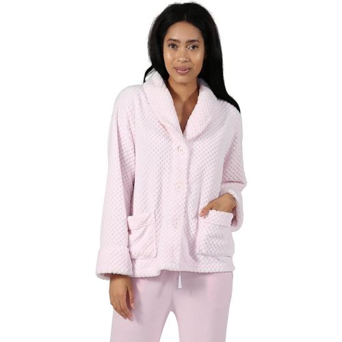 LA CERA Women's Fleece Bed Jacket - Stylish Notched Collar, Long Sleeves, Front Pockets, Button Front, Machine Washable