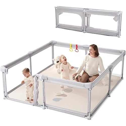 Foldable Baby Playpen with Double Door, 79"×71" Extra Large Playpen for Babies and Toddler,Play Yard with Breathable Mesh, Baby Fence Play Area for Indoor & Outdoor,Grey