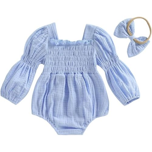 Kavousa Smocked Baby Girl Clothes Newborn Girl Bubble Romper Long Sleeve Jumpsuit And Headband Outfit Cute Infant Clothing
