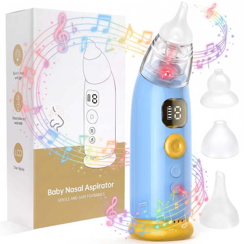 Nasal Aspirator for Baby, Electric Baby Nose Sucker, Gentle Baby Nose Sucker with 3 Adjustable Suction Modes and Soothing Music for Infant Nasal Care, Includes 3 Silicone Tips, Blue