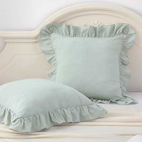 Silnuo 2 Pack Light Green/White Ruffle Plaid Throw Pillow Covers Farmhouse Checkered Gingham Pillow Shams 18"x18" for Couch,Sofa,Bed and Living Room