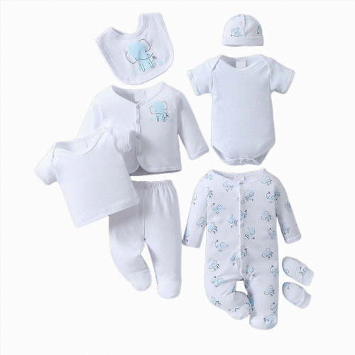 CAUYDY Infant Girl Outfits Newborn Boy Layette Set 8Pcs Fall Winter Spring Summer Comfy Sleepwear Preemie Clothes Shower Gift for Baby Sizes 0-3 Months,Light Blue