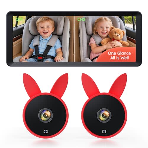 Babyvue Dual Car Camera Baby Monitor for 2 Kids, 7.2" HD 1080P Split Screen Backseat Camera with Auto IR Night Vision,Easy Setup for Infant Pet Safety, Baby Car Mirror Rear Facing BV3 Red