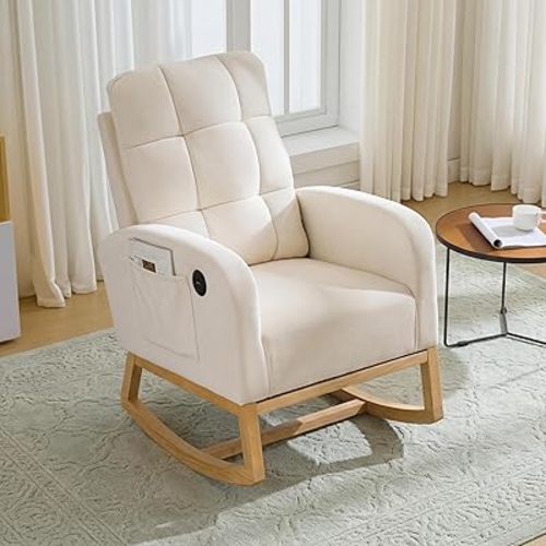IDEALHOUSE Nursery Rocking Recliner Chair with USB Ports, Upholstered Glider Chair Featuring High Back, Side Pocket & Sturdy Wood Legs for Bedroom, Living Room, or Nursing Room – Linen Beige