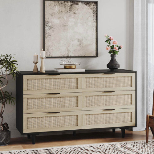 Bay Isle Home™ Aimara 51" Rattan 6 Drawer Dresser for Bedroom, Boho Wood Dresser with Gold Handles & Wood Legs & Reviews | Wayfair
