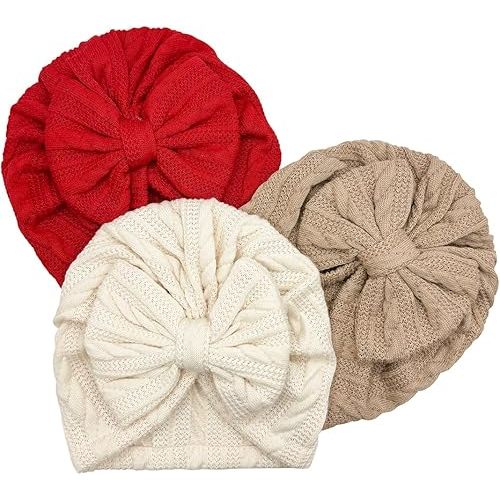 3 Pack Velvet Baby Turban Hats with Bow, Stretchy Baby Head Cover Beanies for Newborn, Toddler, Infant Head Wraps