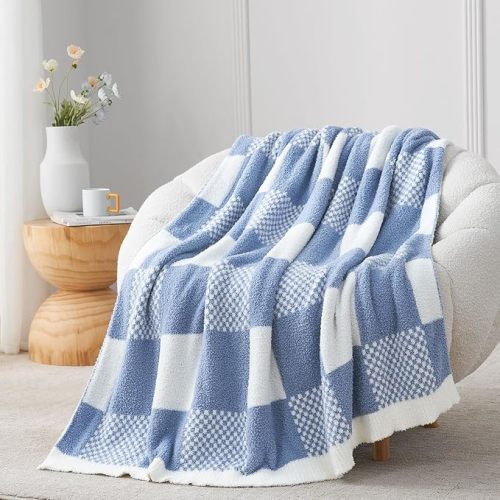 Snuggle Sac Checkered Blanket, Beige Throw Blanket for Couch Plaid Microfiber Fluffy Warm Cozy Fuzzy Soft Throw Blanket Reversible Checkerered Blankets for Sofa, Chair, Bed, 50x60 inches