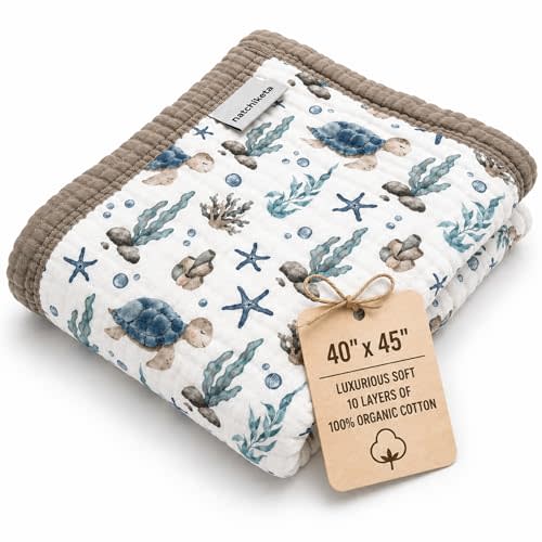 Organic Cotton Muslin Baby Blanket for Boys & Girls - Luxurious Soft Toddler Quilt for Swaddling - Gender Neutral Blanket - Baby and Toddler Gift - Sea Turtle