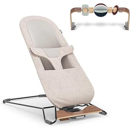 UPPAbaby Mira Bouncer Bundle, includes Mira 2-in-1 Bouncer and Wonder Wheel Toy Bar, Seat Grows with Your Baby, Folds Flat, Sensory Entertainment – Charlie (Sand Mélange)