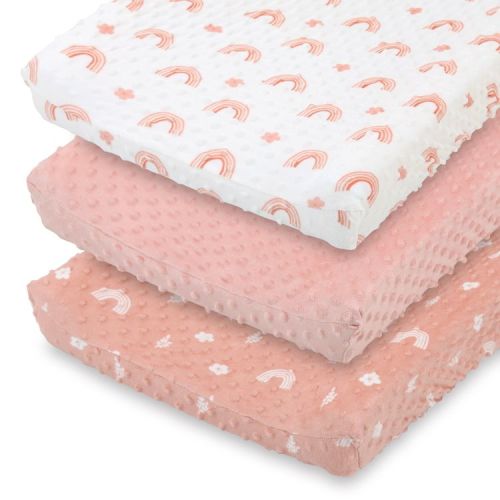The Peanutshell Changing Pad Cover for Baby Girls, Rainbow Floral Plush Minky, Pink