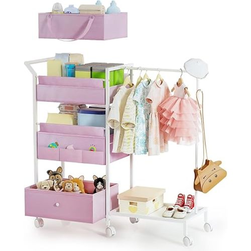 Baby Diaper Caddy Organizer - 3 Tier Rolling Cart with Kids Clothing Rack, Mobile Utility Cart with Dividers and Drawers, Large Capacity Storage Cart for Bedroom, Bathroom, Carts with Wheels