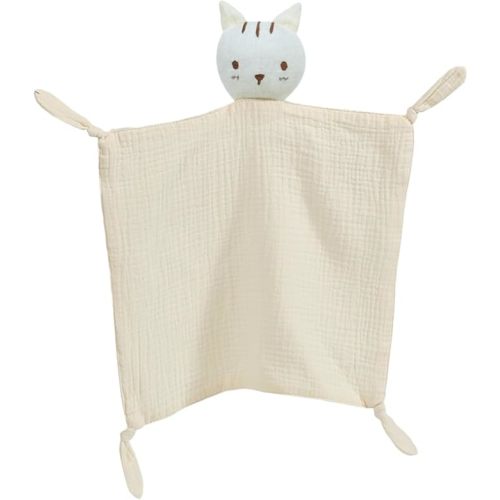 Lovey Snuggie, Organic Cotton Muslin Security Blanket for Babies, Soft Breathable Lovie Soothing Towel for Newborn and Infant, Beige Cat