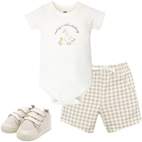 Hudson Baby Unisex Baby Cotton Bodysuit, Shorts and Shoe Set