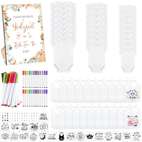 Panitay 100 Pcs Blank Bib Bodysuit Baby Shower Set Baby Shower Sign Blank Feeder Bib DIY Bodysuit Fabric Colorful Marker(Fall Pumpkin)