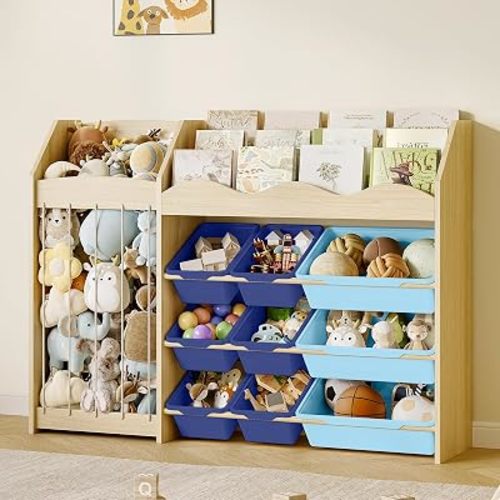 EXPERLAM Kids Toy Organizer, Scalloped Shelf, Plush Holder, 12 Blue Bins