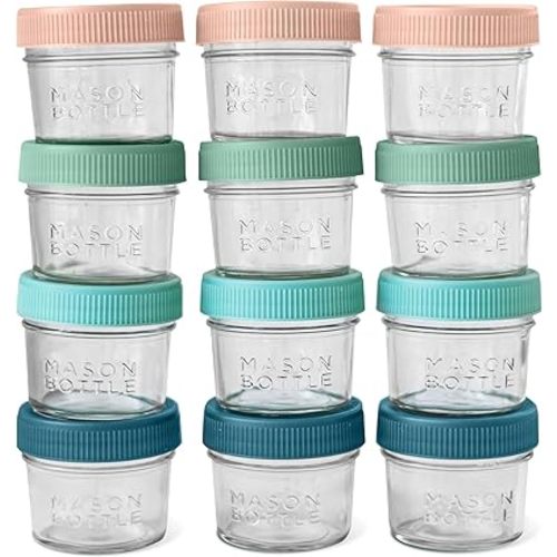 Mason Bottle 4oz Breast Milk Storage Jars (12-Pack) – Reusable Glass Baby Food Containers with Lid for Baby Formula & Breastmilk – Airtight, Stackable, Freezable (Deep Ocean)