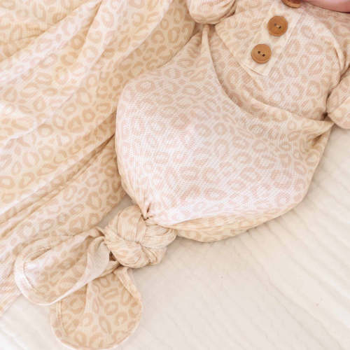 Lovely Leopard Bamboo Waffle Newborn Baby Knot Gown & Hat Set