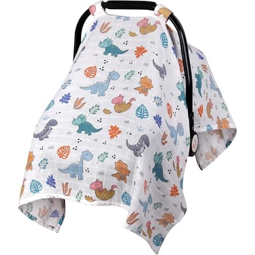 Rquite Car Seat Cover Baby,Muslin Carseat Covers Baby Boys Girls, Soft Breathable Infant Carseat Canopy Summer, Lightweight Baby Carrier Cover, Fit Summer Hot Days/Warm Weather(Colorful Dinosaurs)