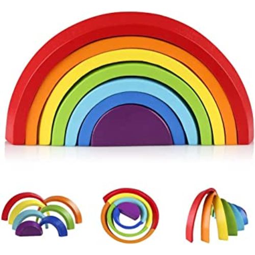 Coogam Wooden Rainbow Stacker Nesting Puzzle Blocks - Tunnel Stacking Game Building Creative Color Shape Matching Jigsaw Learning Toy Set Board Early Development Gift for Kids Boy Girl