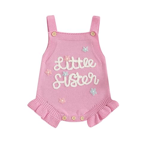 Amnnchya Newborn Baby Girl Sweater Romper Little Sister Matching Outfit Floral Ruffle Sleeveless Knit One Piece Jumpsuit