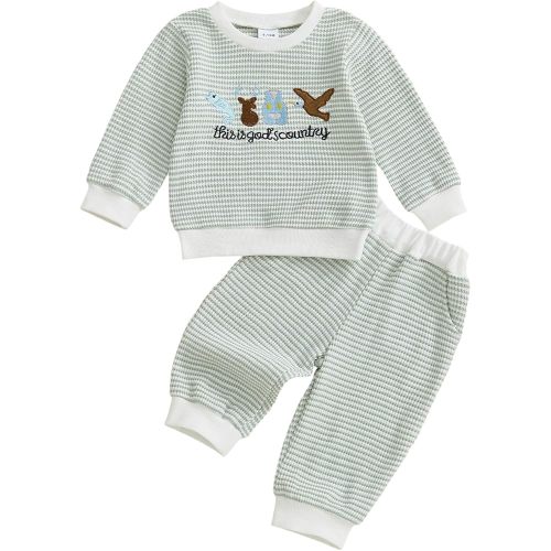 fhutpw Baby Toddler Boy Girl Fall Winter Clothes Embroidery Stripe Pullover Pants Sets Infant Long Sleeve Sweatshirt Outfits (Light Green, 12-18 Months)