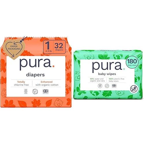 Pura Hypoallergenic Trial Pack Diapers Size 1 (4-11 lbs) + Natural Sensitive Baby Wipes Starter Bundle | Organic Cotton, Chlorine-Free, Fragrance-Free, EWG Verified, for Sensitive & Eczema-Prone Skin