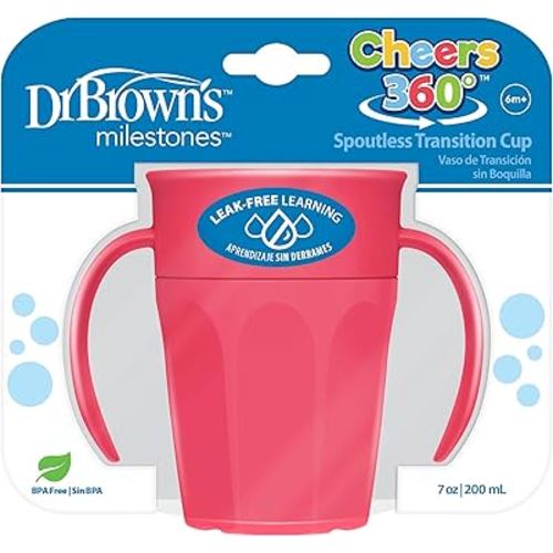 Dr. Brown's Milestones Cheers 360 Spoutless Transition Cup with Handles, Travel Friendly and Leak Free Sippy for Babies and Toddlers, Pink, BPA-Free, 7 oz/200 mL, 6m+