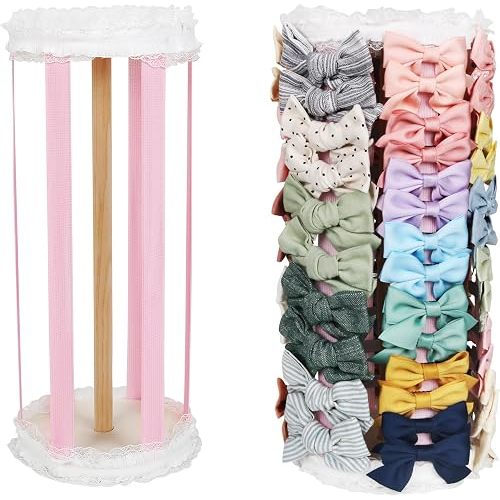 Munzong Pink Bow Holder for Girls Hair Bows, Hair Clip & Hair Accessories Storage Rack for Baby Girl Large Capacity Display Bows Organizer 360°Rotating Stand for Nursery Room Decor-12.6x5.5inch