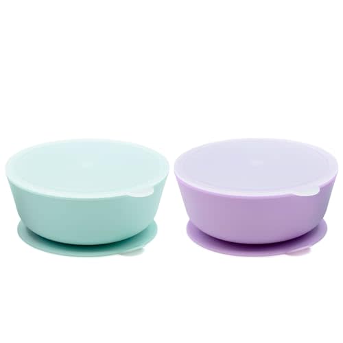 WeeSprout Suction Bowls for Baby & Toddlers (Set of 2) - 100% Silicone w/Plastic Lid - Leak Proof Feeding Supplies - Dishwasher & Microwave Safe Infant Dinnerware w/Extra Strong Base