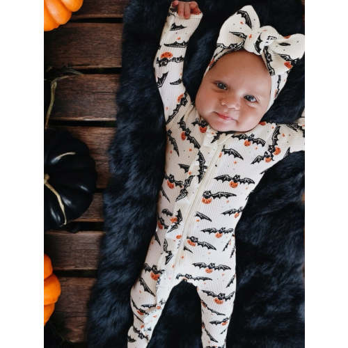 Organic Waffle Ruffle Zip Footie, Trick or Treating Bat