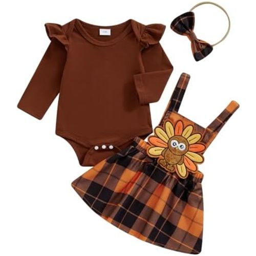 Infant Baby Girl Thanksgiving Outfit Ruffle Long Sleeve Romper Turkey Plaid Suspender Dress Fall Winter Clothes