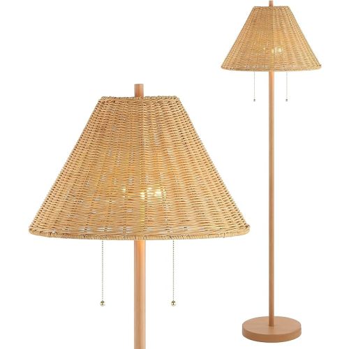 JONATHAN Y 61" Brown Wood Finish 2-Light Coastal Bohemian LED Floor Lamp for Living Room, Brown Rattan Shade, Mid-Century Modern Tall Standing Lamp, Pull-Chain, LED Bulbs Included JYL3092A