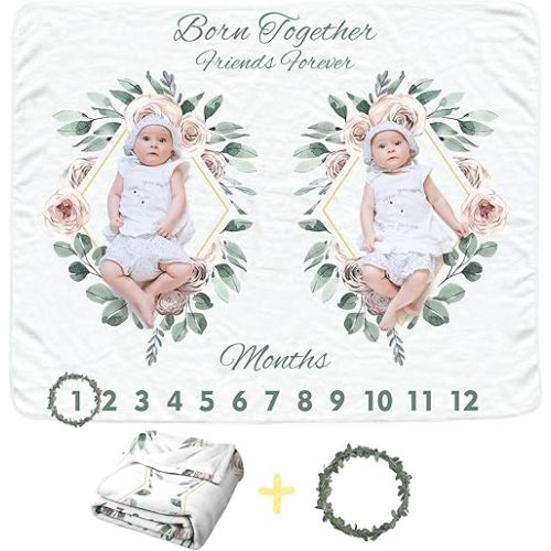 Twins Baby Monthly Blanket for Girls, Newborn Age Blanket, Soft Flannel Photography Background Prop, Twin Baby Gifts, Boho Flower