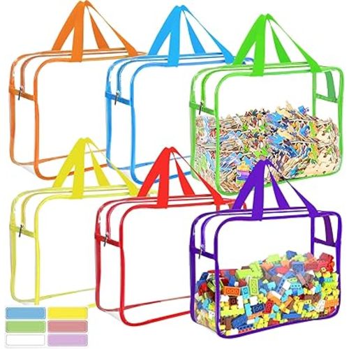 6 Packs Large Toy Storage Bags with Labels, Reusable Clear PVC Board Game Storage, Travel Waterproof Organizer Bags with Zipper for Building Blocks, Puzzle, Kids Books(6 Colors)