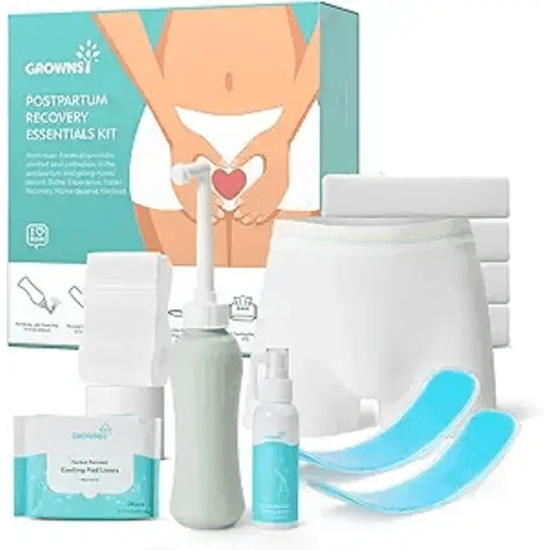 Grownsy Postpartum Essentials Recovery Kit | Postpartum Kit for Women | Includes Peri Bottle, Herbal Perineal Cooling Spray, Women Cleaning Wipes, Hot&Cold Pack & Disposable Underwear