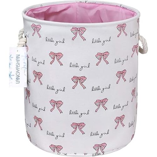 LANGYASHAN Laundry Basket Canvas Collapsible Organizer Storage Basket for Boys Girls Laundry Hamper Toy Bins Gift Baskets Bedroom Clothes Children Nursery (Bowknot)